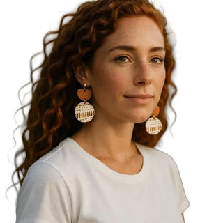 Woman wearing large earrings on a white background