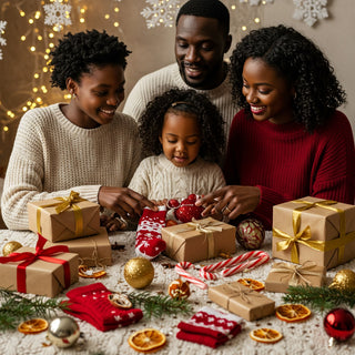 Family gathered around a table with Christmas presents and decorations.