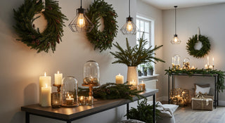 Decorative interior with wreaths, candles, and plants in a home setting.