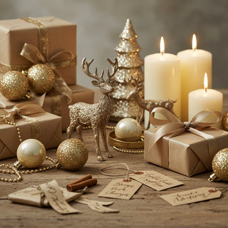 Decorative Christmas scene with gifts, candles, and ornaments on a wooden surface.