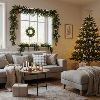 Cozy living room decorated for Christmas with a tree, garland, and candles.
