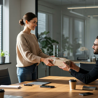Woman handing a gift box to a man in an office setting