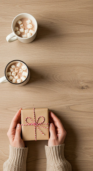 Two cups of hot chocolate with marshmallows on a wooden table, accompanied by a small gift box held by hands.
