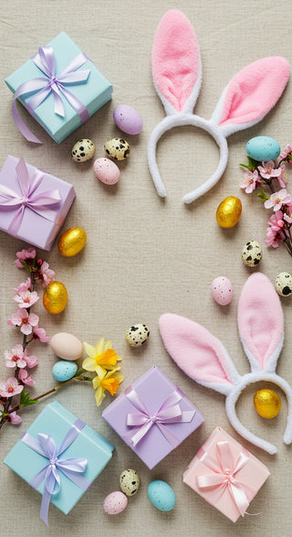 Easter-themed items including gift boxes, eggs, and bunny ears on a textured surface.