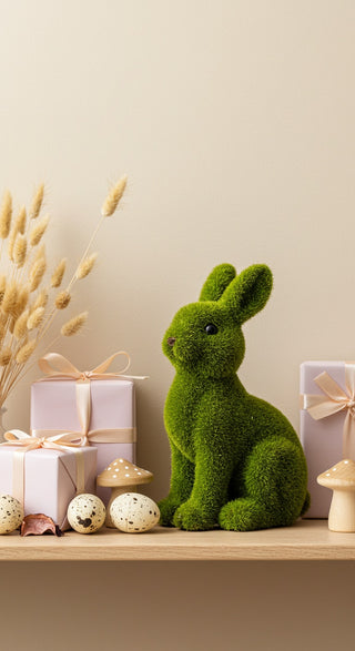 Green decorative bunny figurine on a shelf with gift boxes and decorative items.