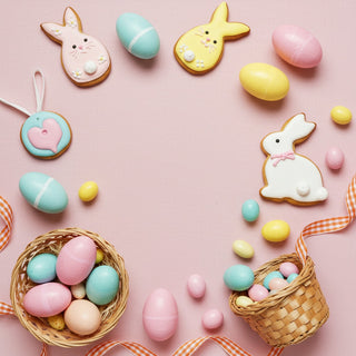 Easter-themed cookies and eggs on a pink background