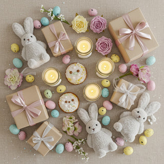 Easter-themed arrangement with gifts, rabbits, eggs, and candles on a textured surface.