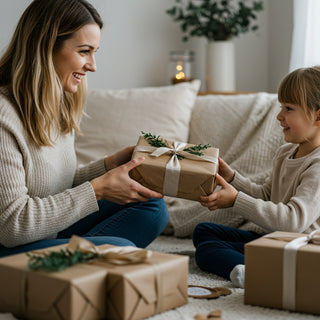 Woman and child exchanging gifts in a cozy living room.