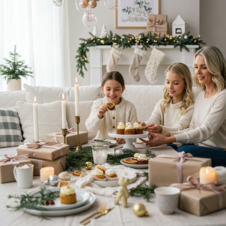 Family gathered around a Christmas table with presents and food in a decorated living room.