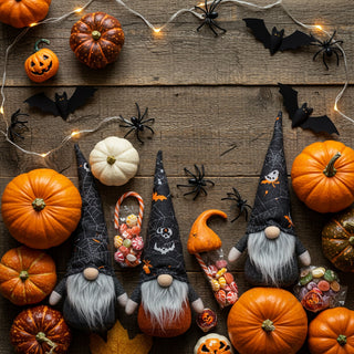 Halloween-themed arrangement with pumpkins, gnomes, and decorative elements on a wooden surface.