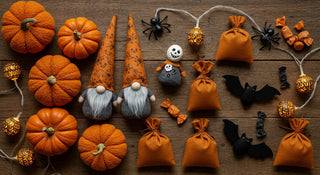 Halloween-themed decorations including pumpkins, gnomes, bags, and spiders on a wooden surface.