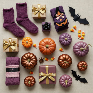 Halloween-themed items including pumpkins, gift boxes, and decorative items on a neutral background