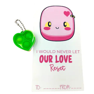 Kawaii style card in pink for valentines day with a green toy
