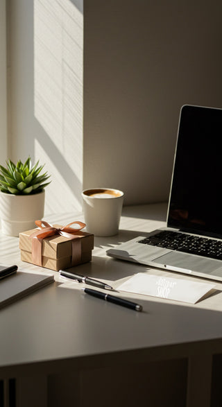 Laptop on a desk with a cup of coffee, plant, and gift box.