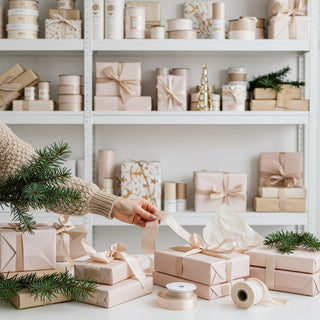 Person wrapping gifts with ribbons in a room filled with decorated shelves.