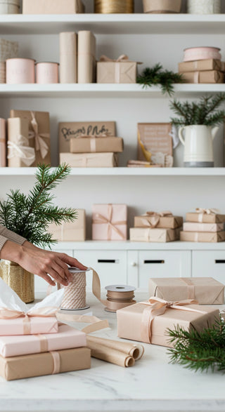 Hand arranging wrapped gifts on a white surface with shelves in the background.