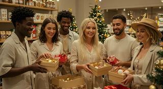 Group of people in a store holding Christmas gift boxes with festive decorations in the background.