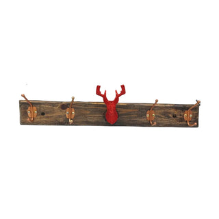 Wooden coat rack with red deer head design on a white background
