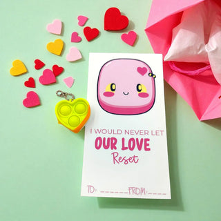 Valentine's Day card with a pink heart-shaped character and decorative elements on a green background.
