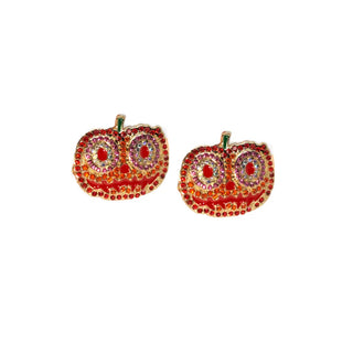 Pair of red apple-shaped earrings with gemstone details on a white background