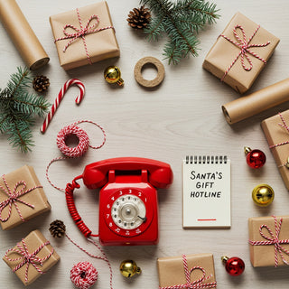 Christmas-themed scene with presents, a red phone, and 'Santa's Gift Hotline' sign on a wooden surface.