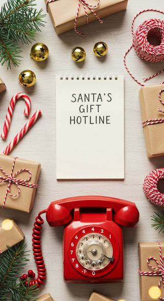 Red vintage telephone surrounded by Christmas-themed items on a light surface.