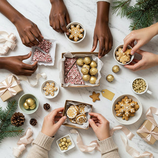 Hands of people arranging decorative cookies and gift boxes on a marble surface with Christmas decorations.