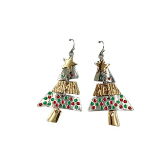 Christmas tree-shaped earrings with gold, silver, and red details on a white background