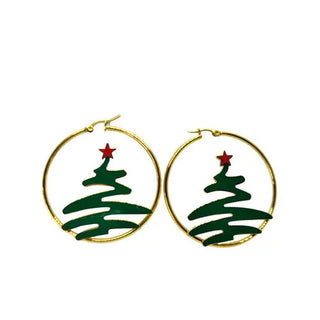 Hoop earrings with green Christmas tree design on a white background