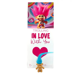 troll doll on a card with heart for valentines day