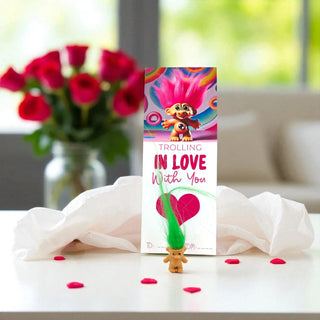 Valentine's Day card with Trolls character and red roses in the background