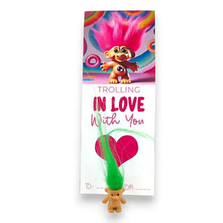 troll doll on a card with heart for valentines day