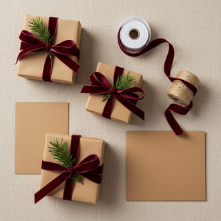 Three gift boxes wrapped in brown paper with red ribbons and greenery on a beige surface.