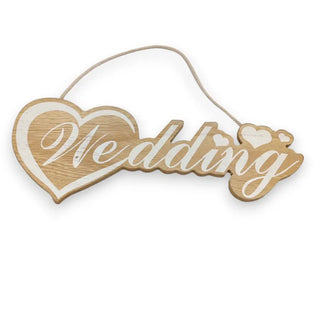 wooden wedding sign with a tan string and a heart shape