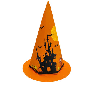 Halloween-themed witch hat with castle design on an orange background