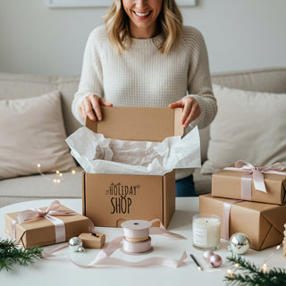 Woman opening a box from 'The Holiday Shop' with Christmas decorations around her.