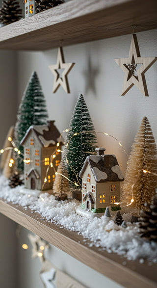 Decorative Christmas scene with miniature houses, trees, and stars on a shelf.