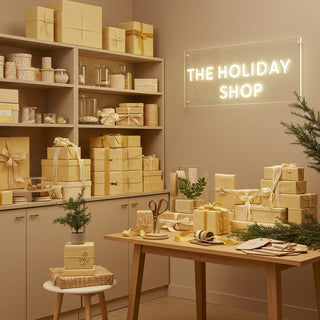 Decorative setting with gift boxes and 'The Holiday Shop' neon sign.