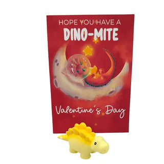 Dinosaur yellow with a card that says happy valentines day