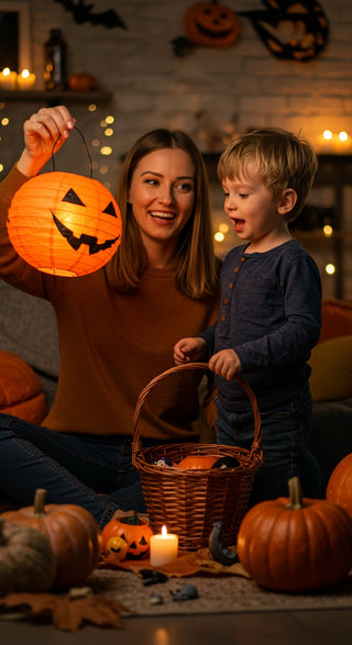 Woman and child with Halloween decorations and pumpkins in a cozy indoor setting.