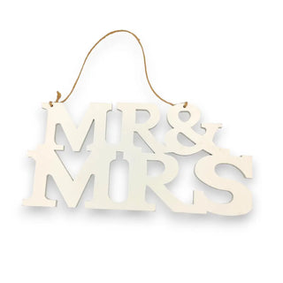 MR & MRS tan wooden sign with a hanging string