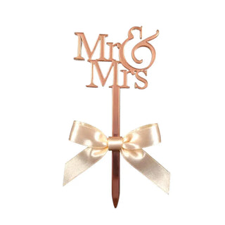 Elegant Mr and Mrs cake topper in wood finish with heart design