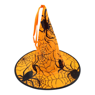 Halloween-themed hat with spider webs and spiders on an orange background