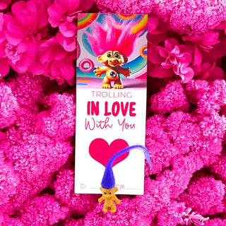 troll doll on a card with heart for valentines day