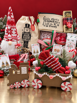 Christmas gift sets from The Holiday Shop – personalised gnome, gift bags, earrings, treats and a candy train