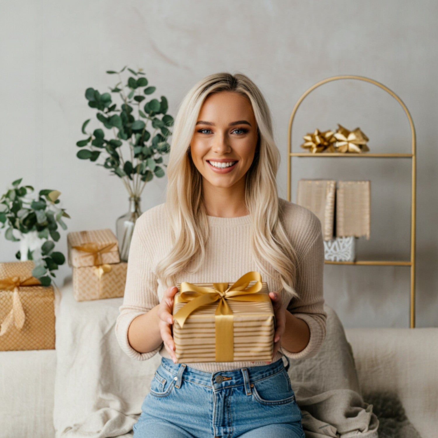 Unboxing a branded The Holiday Shop gift box with ribbon, candle and festive wrapping, South Africa