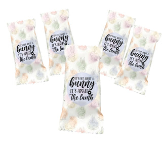 Five packages with Easter-themed text and graphics on a white background