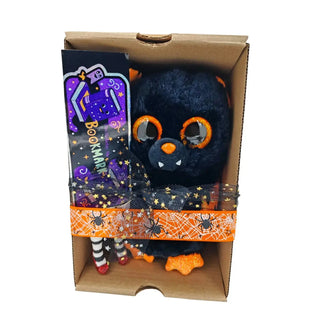Halloween gift set with bat plush and witchy BOOKmark on white backdrop