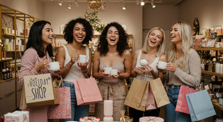 Five women in a store holding shopping bags and small boxes, smiling.