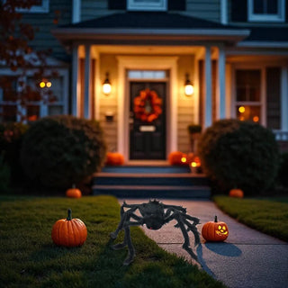Halloween-themed front yard with pumpkins and a spider decoration in front of a house.